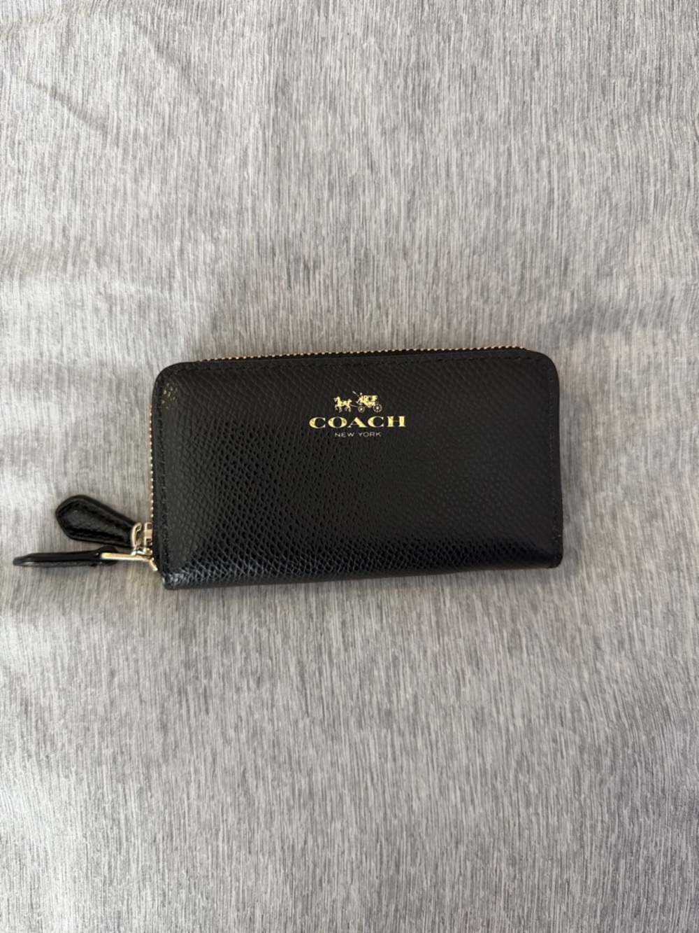 Coach Black Leather Zip Card Holder with Gold Logo